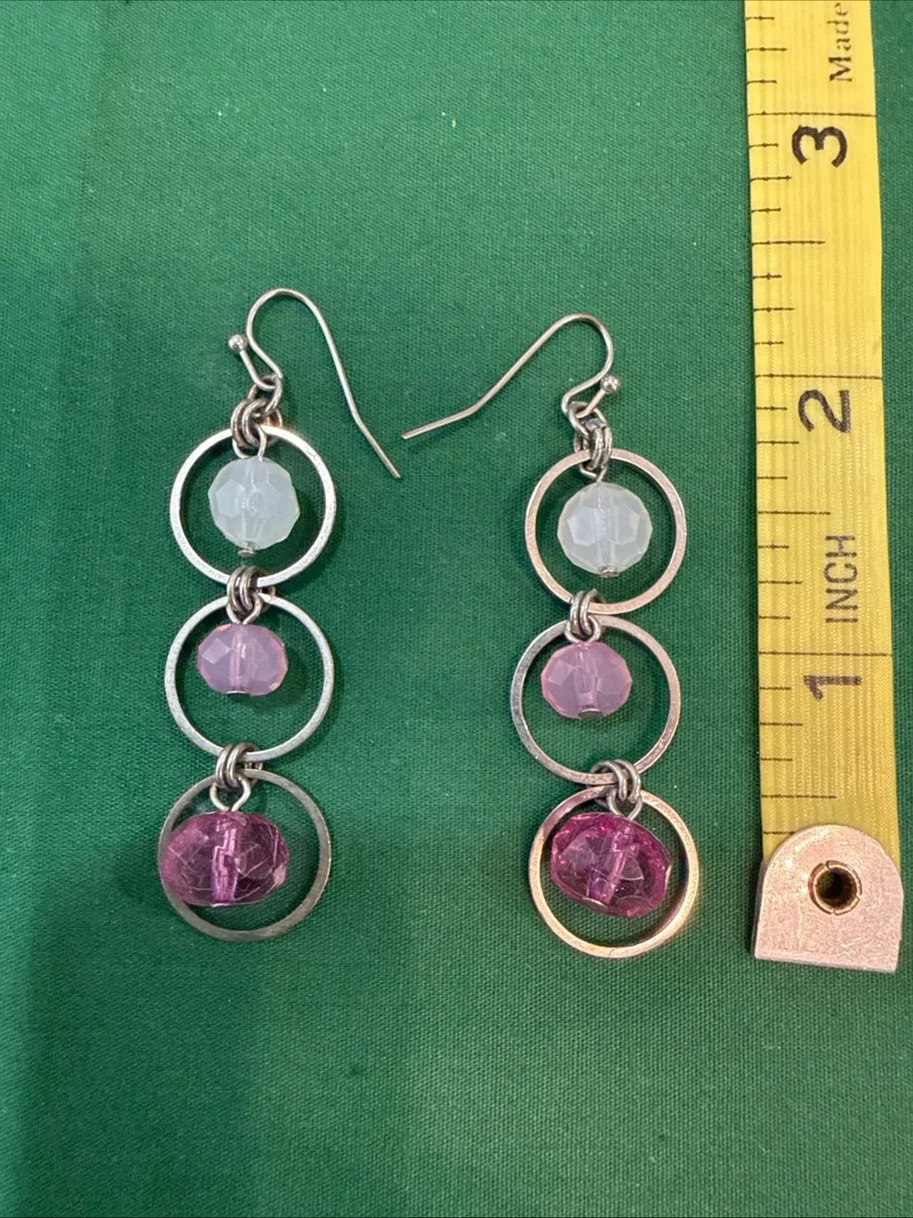 Silver-Tone Triple Circle Drop Earrings with White and Pink Beads